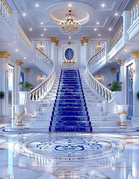 Blue Castle Interior, Luxury Houses Mansions Interiors, Mansions Homes Interior, Mansion Stairs, Castle House Interior, Castle Staircase, Blue Mansion, Elegant Staircase, Castle Interiors