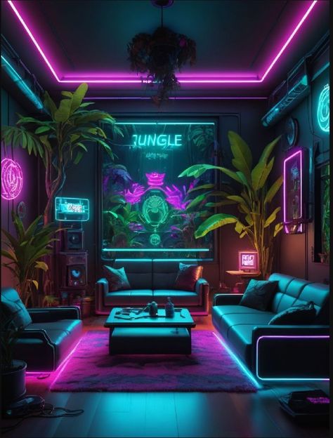 Neon Gaming Room Aesthetic, Cyberpunk Study Room, Cyberpunk Decor Futuristic Interior, Synthwave Aesthetic Room, Vaporwave Interior Design, Vaporwave Apartment, Synthwave Decor, Dreamscape Room, Cyberpunk Store