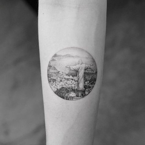 Rio de Janeiro landscape tattoo on the inner forearm. Redeemer Tattoo, Christ The Redeemer Tattoo, Tattoo Finder, Small Nature Tattoo, Wolf Tattoo Forearm, Inner Forearm Tattoo, Feminine Tattoo Sleeves, Gangsta Tattoos, Cool Wrist Tattoos