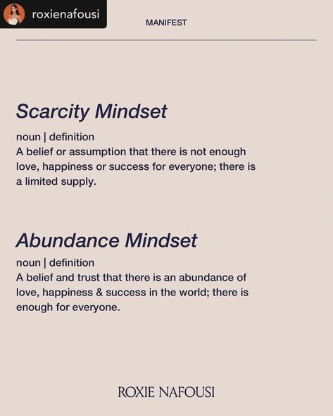 Manifestation Monday! Waking up to an abundant mindset with this lovely reminder from the Universe in my feed. 🙏🏼💫#888 Posted @withregram • @roxienafousi Having an abundant mindset is so key to attracting abundance!! For me, it’s my manifesting superpower. I always sink into an abundant mindset, by constantly practicing gratitude, celebrating others and being generous with what I have, knowing it’ll always come back to me. A scarcity mindset, on the other hand, keeps you attracting lack int... Scarcity Vs Abundance Mindset, Abundant Mindset, Scarcity Mindset, Mindset Work, Attracting Abundance, Practicing Gratitude, Come Back To Me, Hacks Clothes, Abundance Mindset