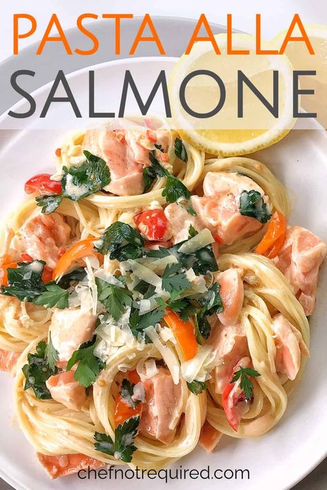 Pasta Al Salmone, also known as salmon pasta is an easy and creamy combination of fresh salmon with pasta, cream and lemon. You can use any type of pasta like tagliatelle or penne, I have used angel hair pasta to make this a super fast weeknight pasta dish. #chefnotrequired #salmonpasta #creamypasta Angel Hair Pasta With Salmon, Salmon Angel Hair Pasta, Salmon With Pasta, Salmon With Tomatoes, Angel Hair Pasta Recipes, Creamy Salmon Pasta, Salmon Pasta Recipes, Type Of Pasta, Weeknight Pasta