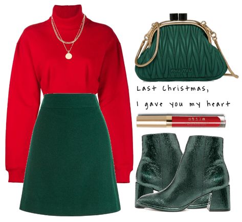 Red Outfit For Christmas Party, Red With Green Outfit, Christmas Red Outfit Women, Red And Green Outfit Ideas, Red And Green Outfit Christmas, Dark Green And Red Outfit, Colorful Christmas Outfit, Red Green Outfit Aesthetic, Green And Red Outfits For Women