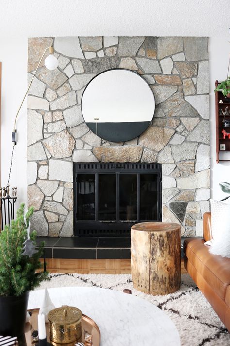 No mantle? No worries! You can still cozy up next to your fresh and inviting fireplace this holiday season with these simple steps. #Christmas, #How-To, #decor, #featured, #Holiday, #fireplace, #mantle, #inexpensive Fireplace With No Mantle Christmas, Fireplace With No Mantle, Fireplace No Mantle, Make A Fireplace, Wood Stump Side Table, Decorate A Fireplace, Mantel Makeover, Cozy Living Room Furniture, Upstairs Kitchen