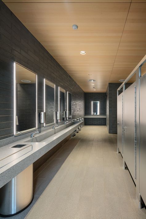 Public Restroom Design, Acoustic Baffles, Acoustic Ceiling Panels, School Bathroom, Building Interior, Restroom Design, Goose Creek, Public Bathrooms, Rest Area