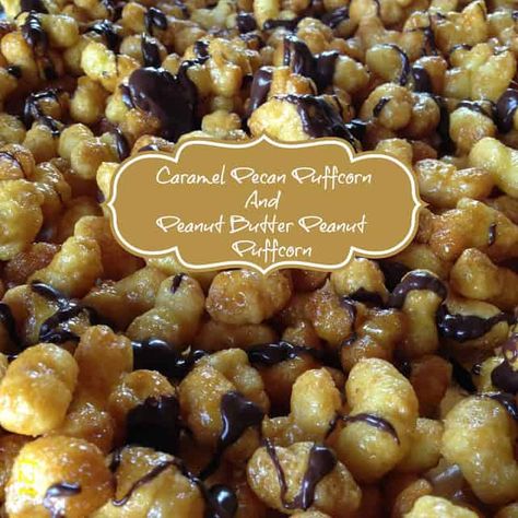 Puffcorn Recipes, Caramel Puffed Corn Recipe, Puffed Corn Recipes, Caramel Puff Corn, Puff Corn, Corn Puffs, Puppy Chow Recipes, Popcorn Treats, Corn Snacks