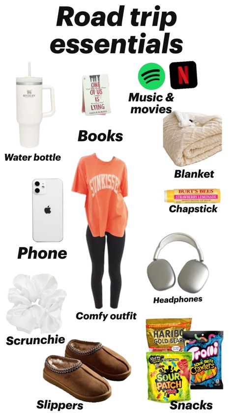 All you need for a long car ride! Long Car Ride Outfits, Car Ride Outfit, Trip Essentials Packing Lists, Road Trip Necessities, What To Pack For Vacation, Road Trip Bag, Road Trip Kit, Preppy Travel, Airplane Travel Essentials