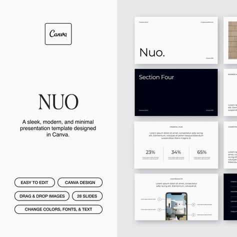 Nuo is a sleek and professional digital presentation template that includes 28 slides. Its clean and minimal design makes it an ideal choice for investment pitch decks, startups, and marketing presentations. Nuo's layout allows you to showcase your ideas in a clear and organized manner. The template is fully customizable, so you can easily change the colors, fonts, and images to match your brand. * 28 slides * Drag & drop images * Easy to change colors, fonts, and images * Graphs, mockups, & ima Investment Pitch Deck, Marketing Deck Design, Minimal Presentation Template, Sleek Presentation Design, Clean Presentation Design, Startup Pitch Deck, Luxury Presentation Design, Elegant Presentation Design, Minimal Presentation Design