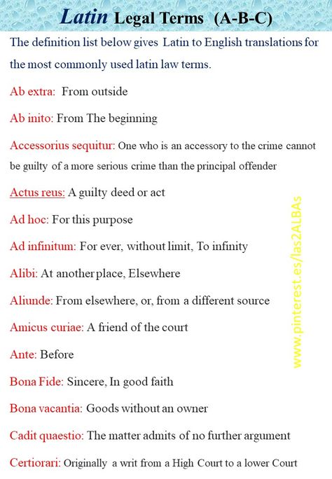 Latin Law Phrases, Legal English Vocabulary, Legal Latin Phrases, Latin Legal Terms, Law Vocabulary Words, Ca Foundation Law Notes, Law Vocabulary, Law Terms, Legal Vocabulary