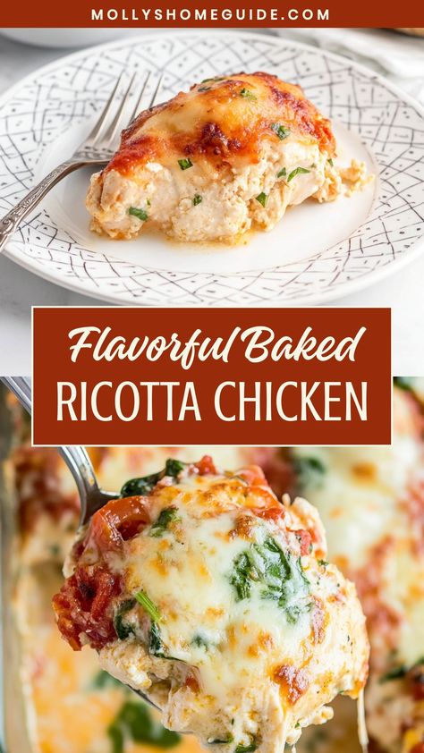 Try this delicious and easy recipe for baked ricotta chicken tonight! This dish combines tender chicken breasts with creamy ricotta cheese, flavorful herbs, and a crispy breadcrumb topping. Baking the chicken keeps it juicy while creating a golden crust on top. It's the perfect dinner option for busy weeknights or when you're craving something comforting and satisfying. Serve this baked ricotta chicken with a side of roasted vegetables or a fresh green salad for a well-rounded meal that your who Baked Chicken Ricotta, Chicken Stuffed With Ricotta Cheese, Use Ricotta Cheese, Ricotta Pesto Chicken, Breakfast Ricotta Recipes, Ricotta Cheese Chicken Recipes, Ricotta Chicken Bake, Dinner Recipes With Ricotta Cheese, Baked Ricotta Chicken