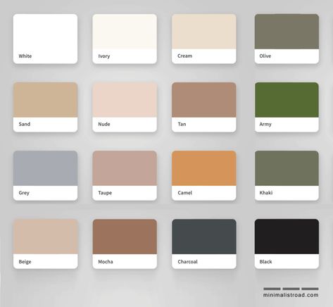 Minimalist Color Matching • Minimalist Road Minimalist Color Palette Instagram, Khaki Pallete Color, Tshirt Colors Palette, Jacquemus Color Palette, Minimalistic Color Palette, Khaki Color Palette, Minimalist Moodboard, Minimalist Color Scheme, Gabby Birthday