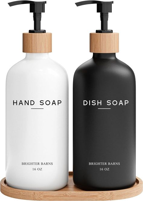 Amazon.com: Luxury Glass Hand and Dish Soap Dispenser Set by Brighter Barns - Kitchen Soap Dispenser Set with Tray - Bamboo Soap Dispenser for Kitchen Sink - Boho Kitchen Decor, Modern Decor (Black/White) : Home & Kitchen Glass Soap Dispenser Bathroom, Hand And Dish Soap Dispenser, Soap Dispenser Set, Black White Home, Boho Kitchen Decor, Modern Kitchen Sinks, Barn Kitchen, Glass Soap Dispenser, Glass Dispenser