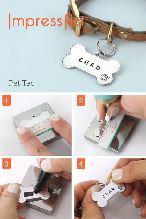 ImpressArt "Pet Tag" metal stamping tutorial. A step by step guide to creating your own DIY jewelry. The tools needed are: ImpressArt Stamp it Yourself Kit, ImpressArt Stamp Enamel, ImpressArt Letter Set, ImpressArt Ergo-Angle Hammer and Steel Bench Block. #diyjewelry#metalstamping #impressartt Metal Stamped Jewelry Diy, Metal Stamp Jewelry, Dog Stamp, Metal Stamping Projects, Metal Stamping Diy, Impress Art, Metal Stamping Jewelry, Stamped Metal Jewelry, Metal Stamping Ideas