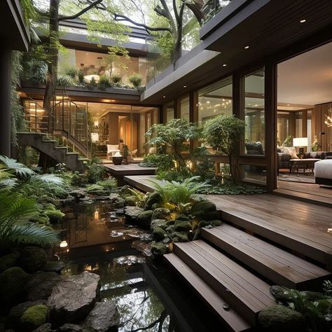 Amit Murao | 🏛️ Exploring Boundless Designs: Indoor Landscaped Courtyards in Modern Houses 🌿🏠 As an architect with an insatiable passion for design, I … | Instagram Dark Modern House, Garden Sitting Areas, Atrium House, Indoor Courtyard, Poolside Decor, Courtyard Design, Latest House Designs, House In Nature, Garden Oasis