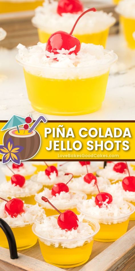 Make a splash at your next party with these Piña Colada Jello Shots! This easy recipe is perfect for summer gatherings - get ready to impress! Pina Colada Appetizer, Jello Shots Pina Colada, Pina Colada Dessert Cups, Yellow Jello Shots Recipe, Pins Colada Jello Shots, Alcoholic Treats Party, Birthday Cake Jello Shots, Football Party Drinks Cocktails, Everyone Brings A Drink Party