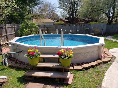 Backyard Above Ground Pool Ideas Diy, Backyard Above Ground Pool Ideas Budget, Decorate Around Above Ground Pool, Around The Pool Landscaping Above Ground, Pool Set Up Ideas, Backyard Above Ground Pool Ideas, Pool Ideas For Small Yards, Pool Stairs, Small Above Ground Pool