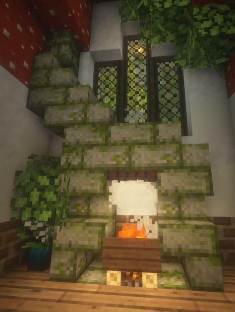 Minecraft Fireplace Ideas Cottage, Stone Brick Fireplace, Minecraft Hobbit Hole Interior, Cottagecore Fireplace, Hobbit House Minecraft, Minecraft Fireplace Ideas, Fireplace Minecraft, Minecraft Fireplace, Hobbit House Interior