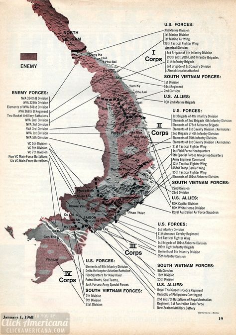 Men and weapons in South Vietnam at the start of 1968 -- US / Allied / South Viet / VC-NVA Vietnam Map, Us Military Bases, 4th Infantry Division, Military Bases, Vietnam History, Vietnam Vets, History Magazine, Teen Money, Military Cap