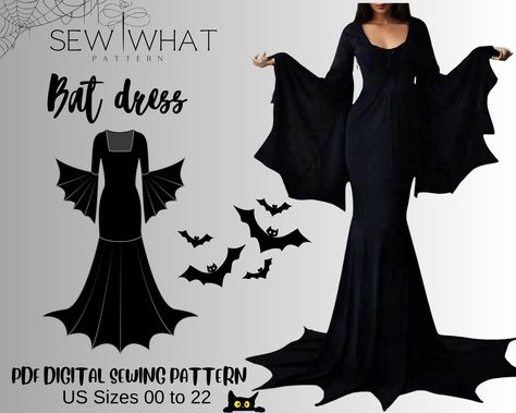 This is a Bat dress sewing pattern, this dress sewing pattern is for Witchy Costume,, Halloween Batwing sleeve maxi dress. This sewing pattern was digitized for you. This digital sewing pattern includes 13 sizes 00 to 22 US sizes with layers option to print just one or multiple sizes of your choice. This is a PDF digital download sewing pattern to be printed at home on a home printer or if you prefer at a print shop or even better to be projected using the projector file. All my pattern files in Dress Sleeve Pattern, Bat Sleeve Pattern, Halloween Sewing Decorations, Art Clothes Design, Sewing Clothes Women Patterns, Alternative Sewing Patterns, Alt Sewing Patterns Free, Goth Clothing Sewing Patterns, Bat Sleeve Dress Pattern