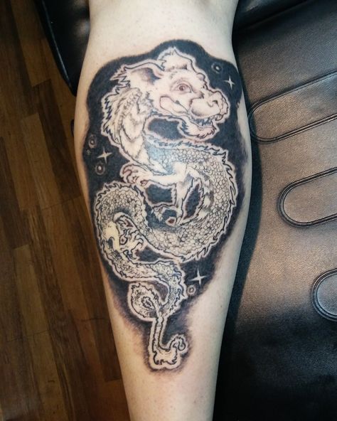 Falcor "The Luck Dragon", Never Ending Story Tattoo by Addam North Falcor Dragon Tattoo, Orin Neverending Story Tattoo, Never Ending Story Tattoo, Never Ending Story Dragon Tattoo, Neverending Story Dragon, Falcor Neverending Story Tattoo, Falkor The Neverending Story, Story Tattoo, Ouroboros Tattoo