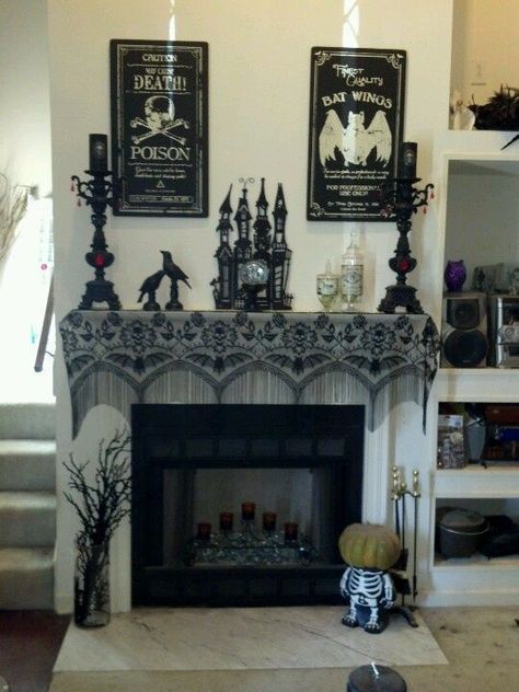 Gothic Mantle, Halloween Mantels, Halloween Mantel Decor, Halloween Mantle Decor, Halloween Fireplace, Halloween Mantle, Halloween Mantel, Mantel Decorating, Spooky House