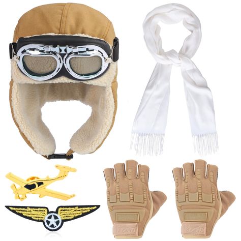 PRICES MAY VARY. Aviator Pilot Costume: the package comes with a pilot aviator fleece warm hat cap with earmuffs, a pair of goggles, a white scarf, an airplane pin and pilot badge(iron on), suitable for air force fighter clothing and accessories, complete set for vintage aviator cosplay Vintage Aviator Hat: High-quality cotton outer shell combined with a luxurious inner faux fur to form double layers to against the cold. Head circumference 56-60 cm (22-23.6 inches). Skiing Protective hat depth i Pilot Clothes, Pilot Accessories, Pilot Badge, Aviator Costume, Aviation Party, Aviator Cap, Halloween Costum, Pilot Costume, Aviator Goggles