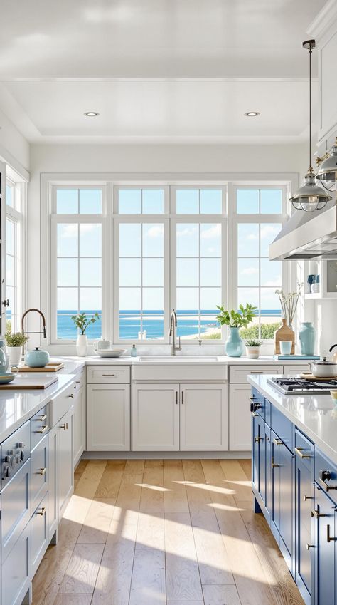 Coastal Kitchen Designs Coastal Grandmother Aesthetic Kitchen, Coastal Windows, Coastal Kitchen Design, Fancy Kitchens, Agriculture Industry, Coastal Kitchen, Big Windows, Kitchen Designs, Glass Doors