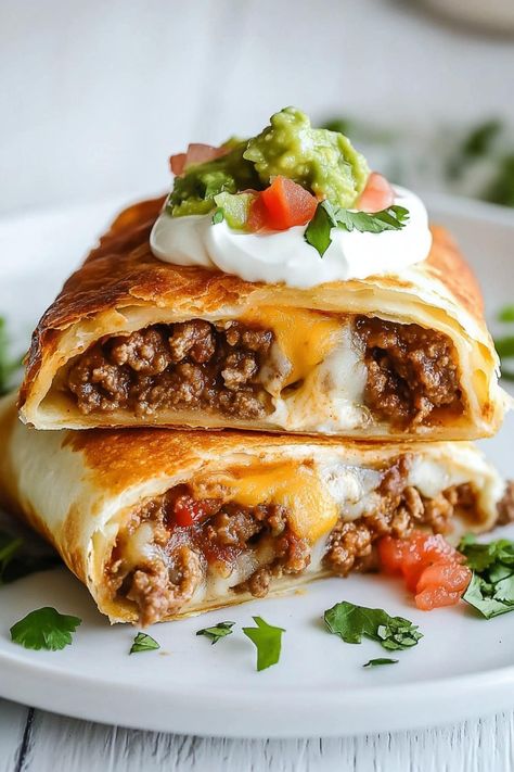 Beef and Cheese Chimichangas Recipe - Insanely Good Quesadilla Ideas Dinners, Air Fryer Chimichangas Beef, Baked Beef Chimichangas, Beef Bean And Cheese Burritos, Chimichangas Recipes, Beef Chorizo Recipes, Beef And Cheese Chimichangas, Beef Chimichanga, Baked Chimichangas