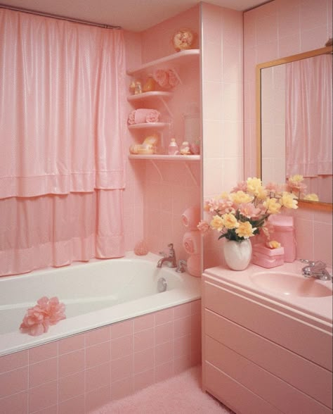 1980s Aesthetic, Vintage Pink Bathroom, 60s House, 80s Interior, Eclectic Bathroom, Retro Bathrooms, Apartment Aesthetic, Vintage Bathrooms, Pretty Room