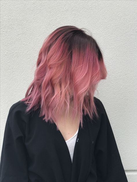 Dark roots pink hair Dark Roots Dyed Hair, Pink Hair With Roots Dark, Dyed Hair Not Roots, Pink Hair With Natural Roots, Black Roots Pink End, Black Roots And Pink Hair, Pink With Dark Roots, Pink Hair Dark Eyebrows, Pink Hair Grown Out Roots