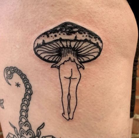 Lady Tattoo Ideas, Mushroom Lady Tattoo, Butterfly Wings Tattoo, Mushroom Lady, Butterfly Wing Tattoo, Portland Tattoo, Lady Tattoo, Mushroom Tattoos, Little Mushroom