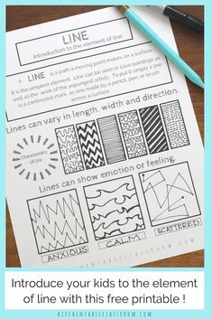 Line in art is an fun and easy place to start teaching art for kids.Teach the element of line & all the elements of art with this series of free printables. Element Of Line, Line In Art, Line Art Projects, Line Art Lesson, Elements Of Art Line, The Elements Of Art, Art Handouts, Types Of Lines, Art Theory