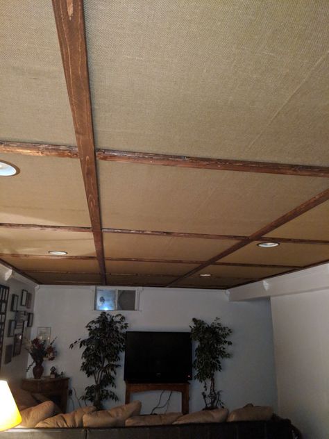 Burlap ceiling Burlap Ceiling, Drop Ceiling Basement, Basement Ceiling Options, Ceiling Basement, Low Ceiling Basement, Basement Ceiling Ideas, Ceiling Options, Fabric Ceiling, Rustic Basement