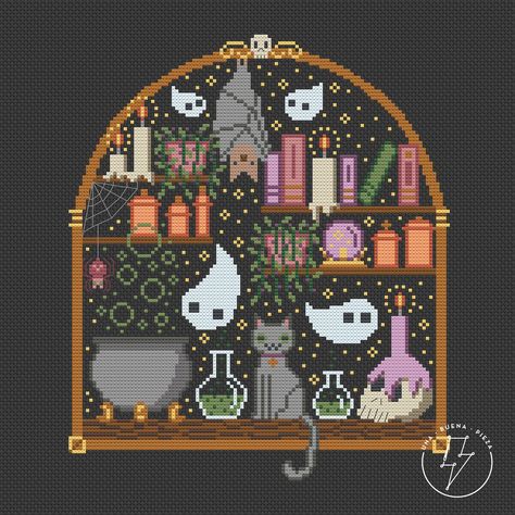 Witchy Desk, Gothic Shelf, Gothic Cross Stitch, Witch Cross Stitch, Modern Gothic, Gothic Cross, Halloween Cross Stitches, Cat Cross Stitch, Crochet Tapestry