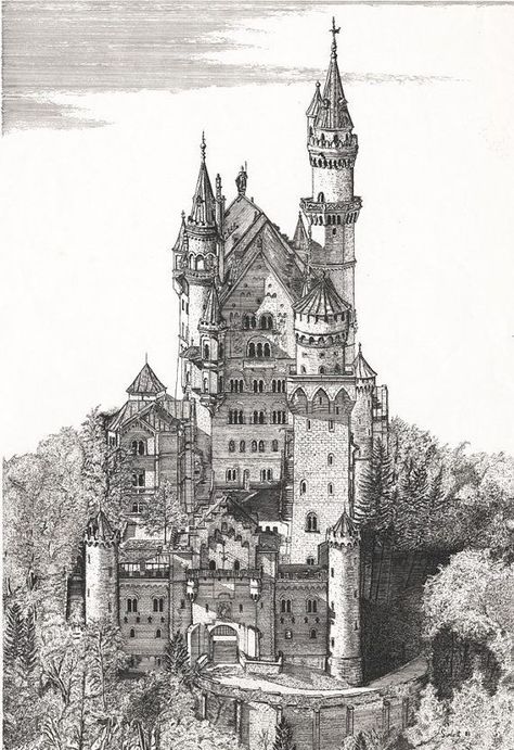 Disney Castle Drawing, Castle Tattoo, Landscape Pencil Drawings, Castle Drawing, Chateau Medieval, Arte Alien, Neuschwanstein Castle, Architecture Drawing Art, Fantasy Castle