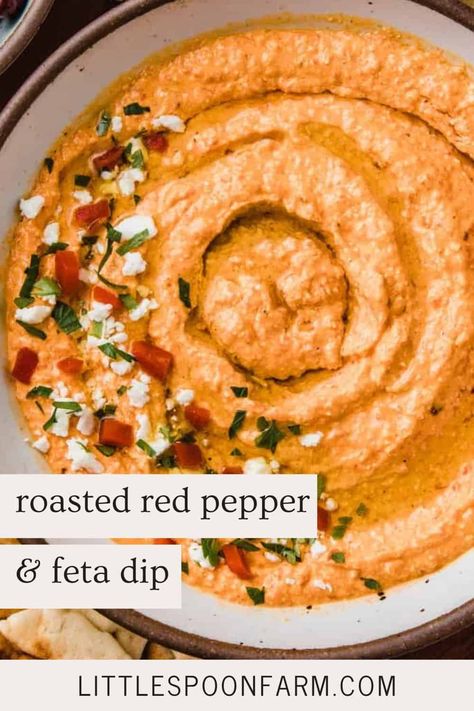 This creamy roasted red pepper and feta dip is made with roasted red bell peppers, feta cheese, garlic, lemon juice, red pepper flakes, and olive oil. It's an easy appetizer to make for parties. Roasted Red Pepper Ideas, Roasted Pepper Feta Dip, Roasted Feta Dip, Bell Pepper Dip Recipes, What To Do With Red Bell Peppers, Spicy Red Pepper Feta Dip, Feta Pepper Dip, What To Make With Roasted Red Peppers, Roasted Red Pepper And Feta Dip