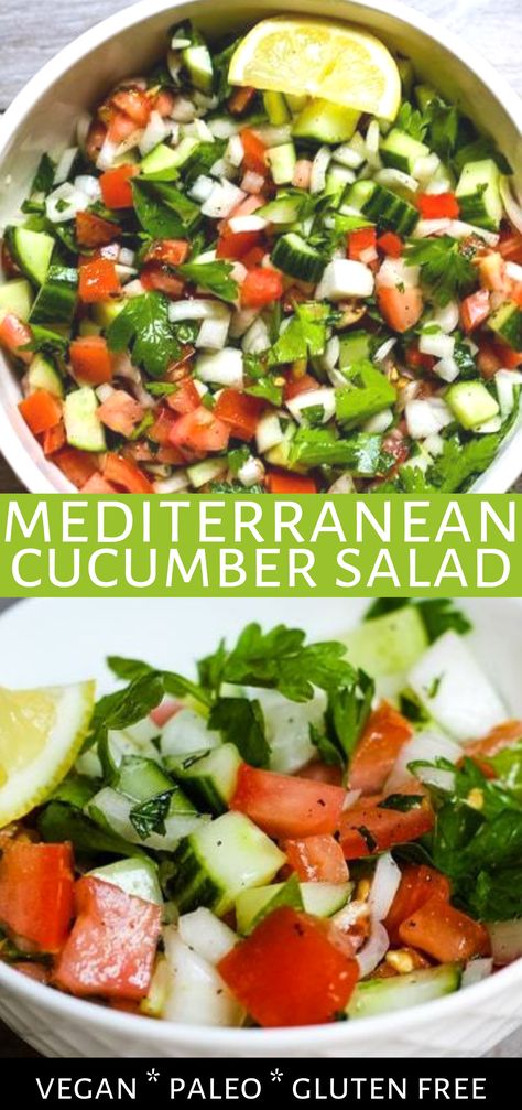 Cucumber Salad Vegan, Dish To Pass, Mediterranean Cucumber, Mediterranean Cucumber Salad, Cucumber Diet, Mint Salad, Salad Vegan, Cucumber Tomato Salad, Mediterranean Salad