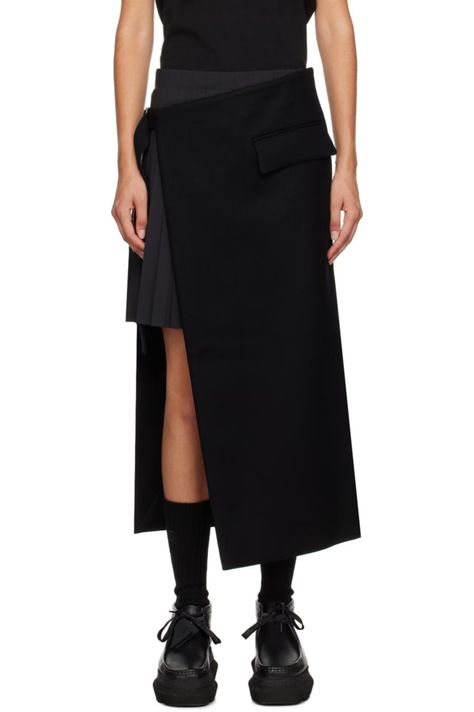 Black Layered Midi Skirt by sacai on Sale Black Layers, Black Body, Accessories For Women, North America, Wool Blend, Midi Skirt, On Sale, Women Wear, Perfect Clothing