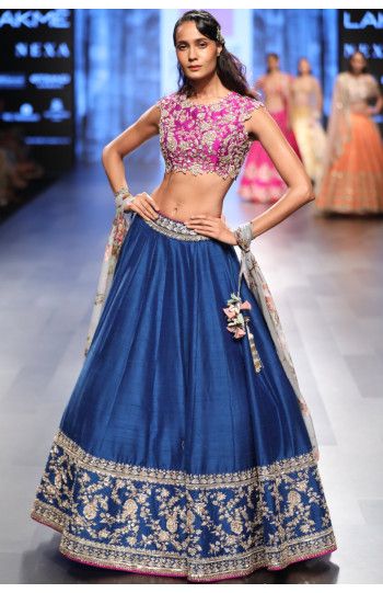 Buy Online Designer Women's Fashion and Bridal Clothing | AASHNIANDCO.COM Pink And Blue Lehenga, Sangeet Lehanga, Anushree Reddy Lehenga, Royal Blue Lehenga, Mehndi Dresses, Lehenga Saree Design, Casual Attire For Women, Indian Skirt, Anushree Reddy