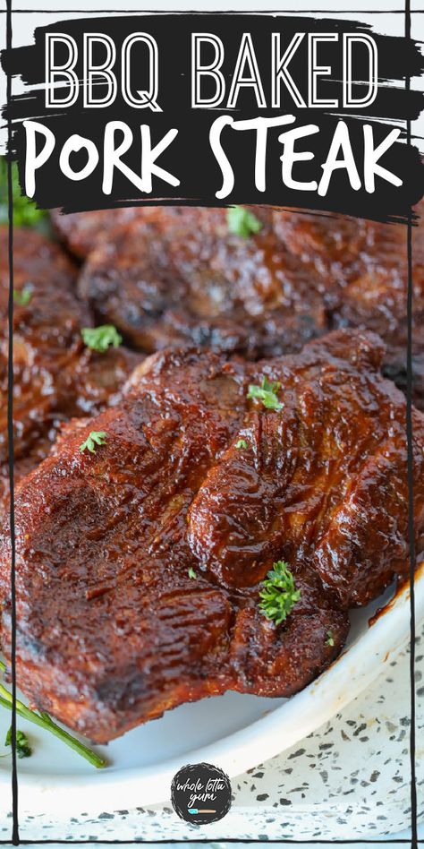 An easy BBQ baked pork steak in oven recipe that's keto, low carb, and gluten free! Pork Steak In Oven, Pork Steaks In The Oven, Steaks In Oven, Baked Pork Steaks, Bbq Pork Steak, Pork Steak Oven, Bbq Pork Steaks, Steaks In The Oven, Pork Steak Recipes