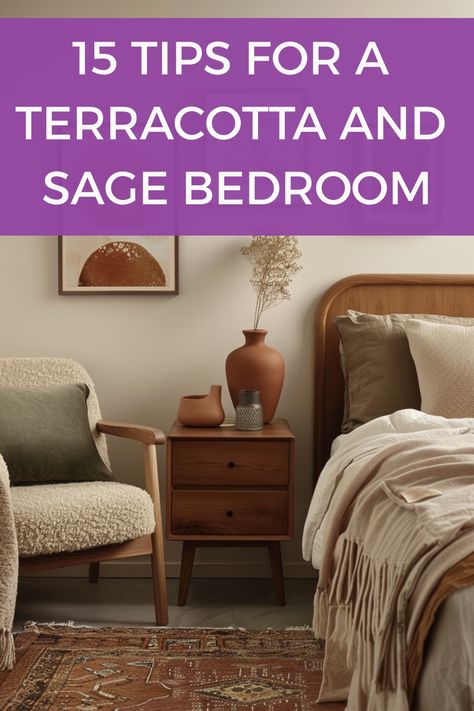 Make a stunning terracotta and sage bedroom using these decor tips. Sage Green And Rust Bedding, Sage And Terracotta Bedroom, Green And Terracotta Bedroom, Tan Bedroom, Terracotta Bedroom, Sage Bedroom, Terracotta Decor, Guest Bedroom Makeover, Neutral Bedrooms