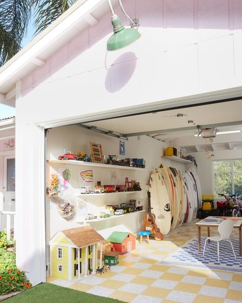 Take a peek inside the coolest garage-turned-playroom at @napkinapocalypse's California home, with plenty of room for our Modern Play Table AND surfboard storage🏄 #WestElmKids Garage Toy Room Ideas, Cute Garage Interior, Garage School Room, Playroom Addition Plans, Turning Garage Into Playroom, Kids Garage Playroom, Garage Gym And Playroom, Colorful Garage Interior, Turn Garage Into Playroom