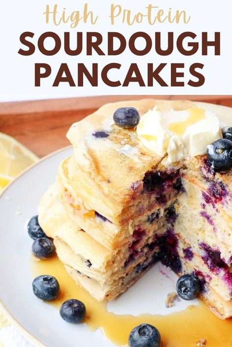 Whip up these easy and delicious lemon blueberry sourdough protein pancakes for a nutritious start to your day. With 10 grams of protein per pancake, thanks to greek yogurt and protein powder, these fluffy and moist pancakes are a great way to use sourdough discard. Perfect for a healthy and macro-friendly summer breakfast. Moist Pancakes, Lemon Blueberry Sourdough, Sourdough Starter Pancakes, Yogurt And Protein Powder, Blueberry Sourdough, Use Sourdough Discard, Blueberry Ricotta Pancakes, Sourdough Pancakes Recipe, Protein Powder Pancakes