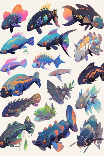 Small Creature Design, Fish Creature Design, Sea Creature Concept Art, Ocean Fish Drawing, Fish Concept Art, Fantasy Sea Creatures, Alien Fish, Fantasy Fish, Sea Creatures Art