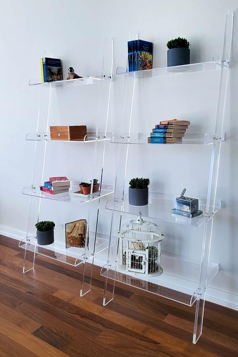 Acrylic Bookcase, Acrylic Bookshelf, Wall Bookshelf, Ladder Bookshelf, Apartment Goals, Display Unit, Wall Bookshelves, White Shelves, Display Furniture