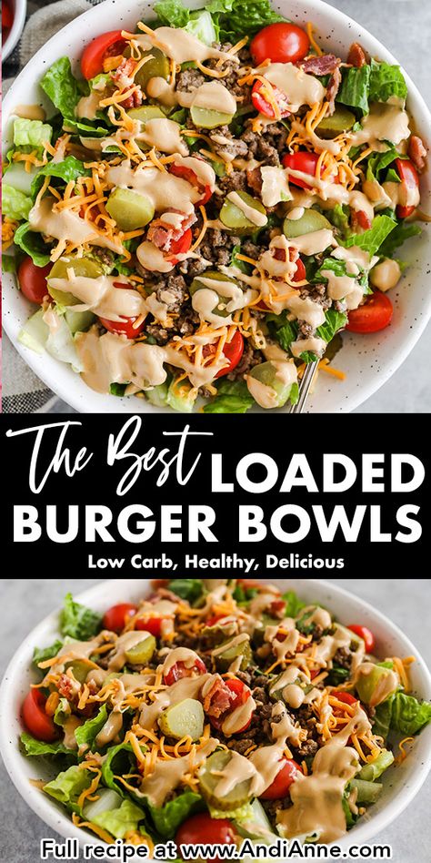 Hamburger Meat Salad Recipes, Healthy Red Meat Meals, Healthy Recipes Dinner Ground Beef, Salads Recipes For Dinner Ground Beef, Bacon Burger Bowl, Healthy Eating Hamburger Meat, Healthy Meals Hamburger Meat, Burger Bowl Dressing, Hamburger Clean Eating Recipes