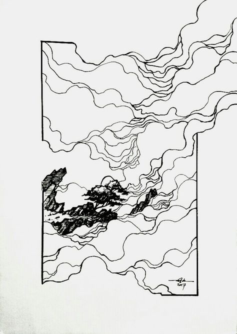 Ink Drawing Clouds, Cloud Line Tattoo, Horizon Sketch, Cloud Line Art, Okami Art, Contour Line Art, Hand Outline, Ellis Brooklyn, Greece Painting