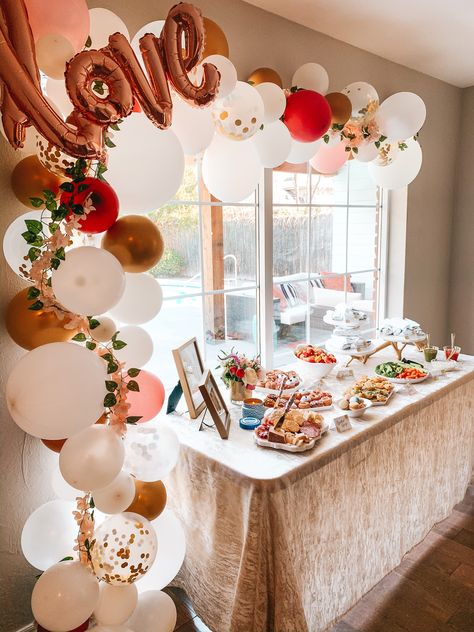 Buffet style brunch setup. #balloongarland #love #brunch #bridalshowerideas Brunch Table Setup Food Displays, Simple Breakfast Setup, Womens Brunch Table Decor, Brunch Balloon Garland, Womens Brunch Ideas Decor, Love You A Brunch Theme, I Love You A Brunch, Love You A Brunch, Bridal Shower Brunch Food Ideas Buffet