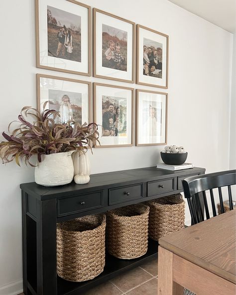 Baskets Under Buffet Table, Above Table Wall Decor, Styling A Buffet In Living Room, Buffet Table Wall Decor, How To Style A Sideboard Dining Room, Buffet Table Ideas Decor Dining Rooms, Photo Wall Dining Room, How To Style A Sideboard, Sideboard Decor Dining Room