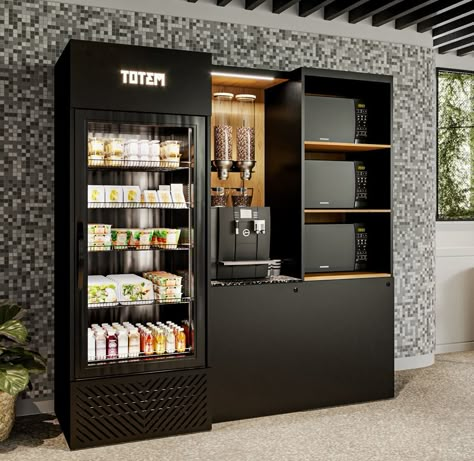 Snack dispensers and coffee bean dispensers can clear up so much valuable space and make your space fun and attractive. 
Take a look at these beautiful coffee corners that TOTEM are creating with IDM dispensers! Don't you want to work there? 
#dispenser #hygienic #fooddispenser #idmdispenser #green #portioncontrolled #coffeebeandispenser #snackdispenser Office Snack Bar Design, Office Coffee Corner, Office Snack Bar, Office Coffee Station Corporate, Built In Soda Water Dispenser, Display Fridge Design Coffee Shop, Snack Corner, Coffee Vending Machine Design, Unique Drink Dispenser