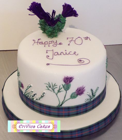 70th Birthday cake decorated with hand painted thistles Scottish Cakes Ideas, Scottish Birthday Cake, Thistle Wedding Cake, Scotland Party, 60th Cake, Thistle Tattoo, Tartan Wedding, 70th Birthday Cake, 70th Birthday Party